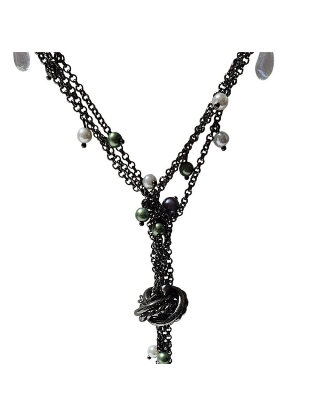 Gothic Y Drop Necklace Gunmetal Multi Chain Faux Pearl Knot Tassel Victorian